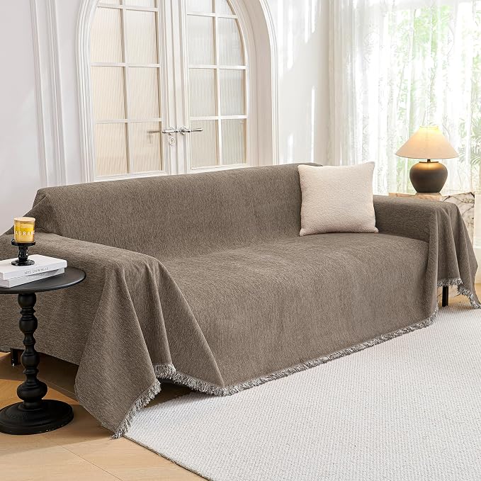 MYSKY HOME Couch Cover Sofa Covers Couch Covers for 3 Cushion Couch Sofa Pet Friendly, L Shaped Couch Cover Sectional Couch Covers Non Slip Dogs Furniture Protector for Kids, Dogs, 91"x134", Sand