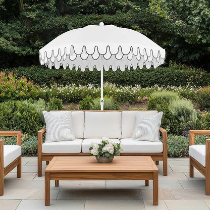 JONATHAN Y Horizon 6.5 ft. Scalloped Fringe Beach Umbrella, White | UV 50 Sun Protection, Push Button Tilt, Matching Carry Bag, Iron Pole, Wind Vent, 8 Fiberglass Ribs, Pointed End, Black Trim