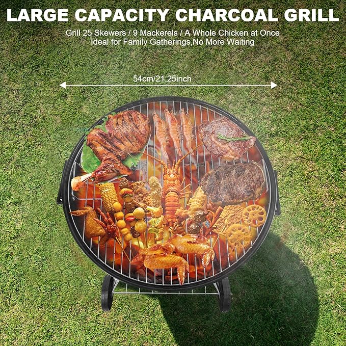 22-inch Charcoal Grill Kettle grill: Black Portable grill with stainless steel grilling net - backyard barbecue party grill (22inch)