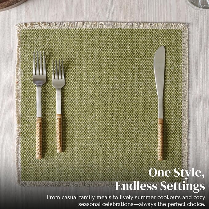 Hausattire Cotton Frayed Placemats Set of 4 Dining Table 14x14 Inch | Rustic Vintage Boho Washable Spring Easter Placemat for Outdoor Parties BBQ's Wedding, Holiday Nubby Cotton - Green