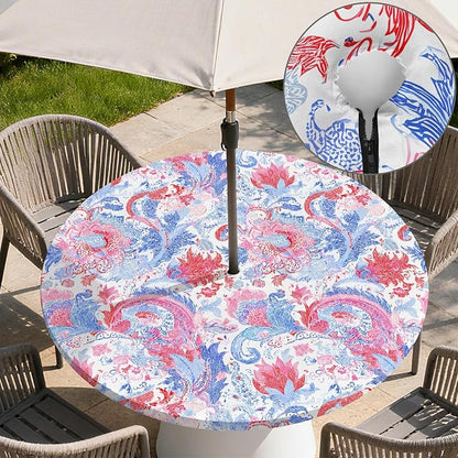 Outdoor Tablecloth with Umbrella Hole and Zipper Fits 53-60" Tables | Waterproof Round Fitted Tablecloth with Elastic Edge, Wipeable Outdoor Table Cover for Patio, Garden, Picnic