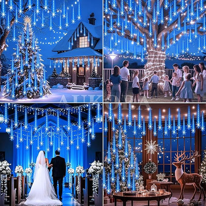 Aukora Christmas Lights Outdoor Meteor Shower Lights 12 inch 8Tubes 192LED UL Certified Falling Rain Drop Snow Icicle String Light for Xmas Tree Christmas Decorations Party Wedding Holiday Yard Blue