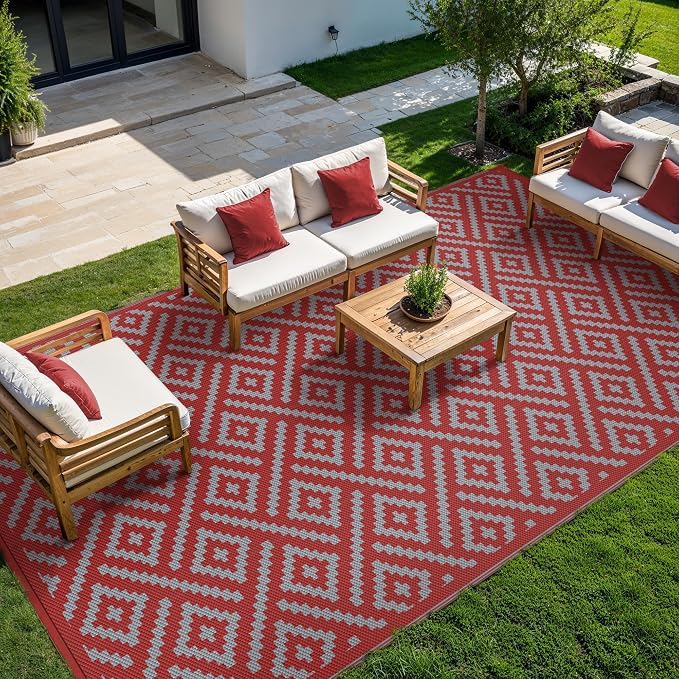 GENIMO Outdoor Rug, Waterproof Plastic Rugs for Patio, 10'x20' Red Grey | Outside Larger Modern Carpet Mat for Patio Decor, RV, Porch, Camper, Deck, Picnic, Beach, Backyard, Reversible, Foldable