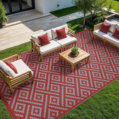 GENIMO Outdoor Rug, Waterproof Plastic Rugs for Patio, 10'x20' Red Grey | Outside Larger Modern Carpet Mat for Patio Decor, RV, Porch, Camper, Deck, Picnic, Beach, Backyard, Reversible, Foldable