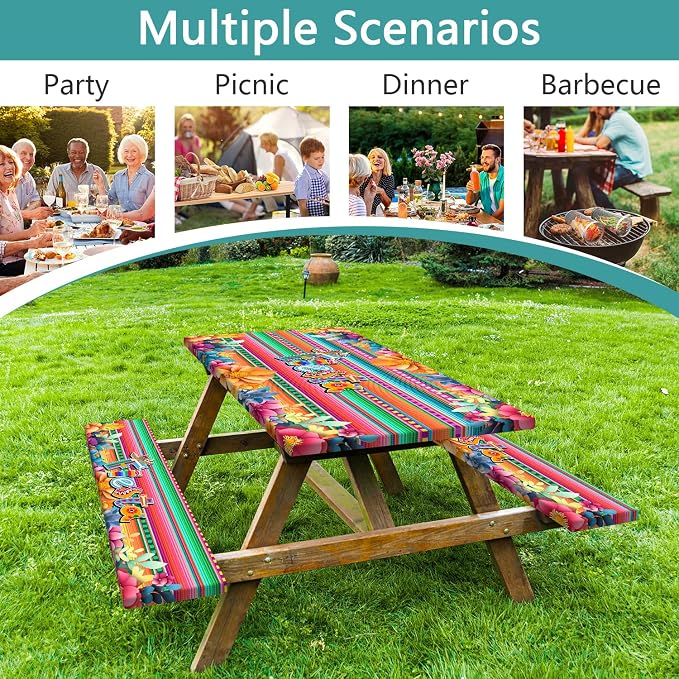 Mexican Fiesta Picnic Table Cover with Bench Covers, Cinco de Mayo Fiesta Waterproof Windproof, Camping Essentials, Fitted Tablecloth Cover with Elastic Edge, for Garden & Outdoor, 3 PCS, 30x96 Inch