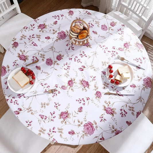 Walrus Round Vinyl Fitted Tablecloth with Flannel Backing Elastic Edge Design Table Cover Waterproof Oil-Proof PVC Table Cloth Stain-Resistant Best for 45"-56" Round