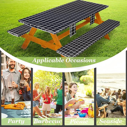 Wrakus Picnic Table Cover with Bench Covers Vinyl Elastic Edges Fitted Rectangle Seat Tables Waterproof 3-Piece96X30in Set Outdoor Rectangular Folding Backing Tablecloth for Camping Over Size