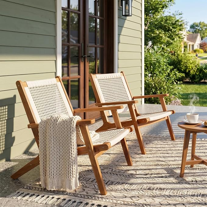 Greesum Acacia Wood Patio Recliner Chairs | 2 Pack Modern Rope Accent Recliners, Outdoor Lounge Seating for Balcony, Porch, Backyard & Poolside