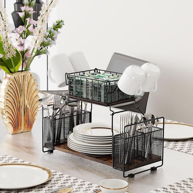 TQVAI Buffet Caddy, 2 Tier Countertop Paper Plate Organizer with Silverware Holder Mugs Hook Napkin Basket, Serving for Catering Supplies Buffet Display Hosting Thanksgiving Essentials, Black/Antique