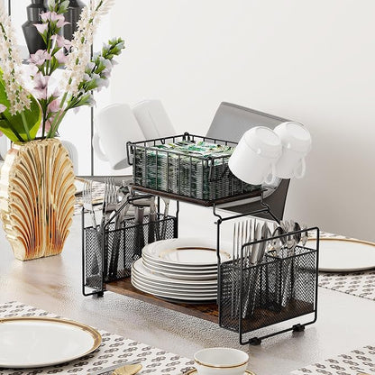 TQVAI Buffet Caddy, 2 Tier Countertop Paper Plate Organizer with Silverware Holder Mugs Hook Napkin Basket, Serving for Catering Supplies Buffet Display Hosting Thanksgiving Essentials, Black/Antique