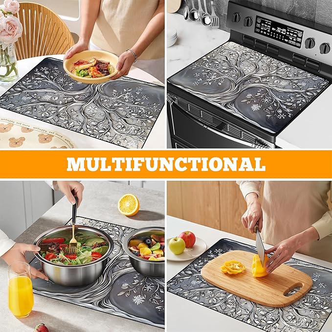 Multi-Design Stove Cover for Glass/Electric Stoves - 3-in-1 Heat-Resistant Protector Mat, Non-Slip Drying Rack30"L x 21"W