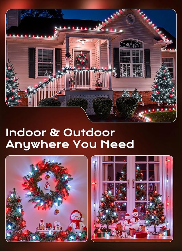 C9 Outdoor Christmas Lights, 72 FT 110 LED C9 String Lights, 8 Modes & Timer Extendable Waterproof for Christmas Tree Indoor Outdoor Roofline Patio Outside Garden Yard Holiday Xmas Decor, Red White