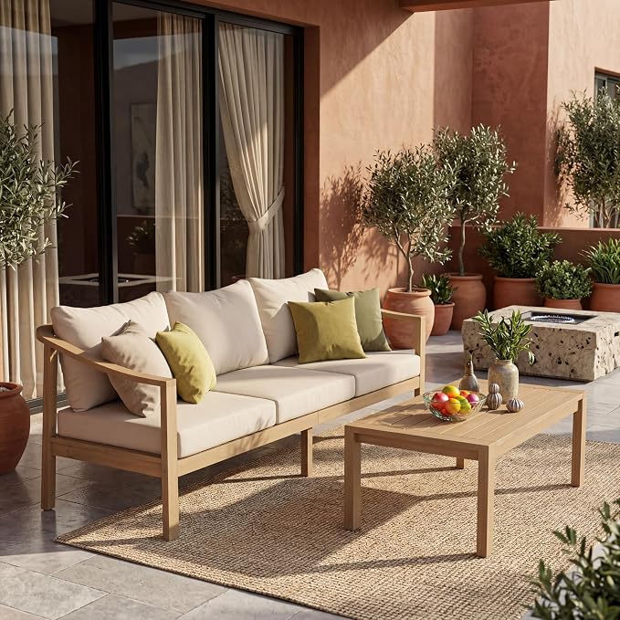 Merax Outdoor 78" Acacia Wood 3-Seater Sofa with All-Weather Coushions | Patio Sofa with Deep Seat for Porch, Lawn, Backyard, Balcony, Teak+ Beige
