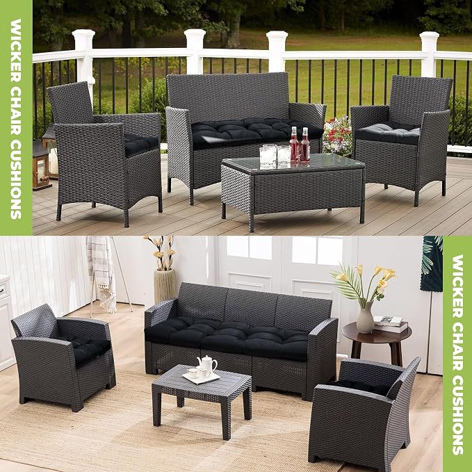 DANGHOOGY Wicker Chair Cushions, Waterproof Outdoor Loveseat Cushions for Patio Furniture, 3 Pieces Wicker Furniture Cushions, 1 Loveseat and 2 U-Shaped Cushions, Black
