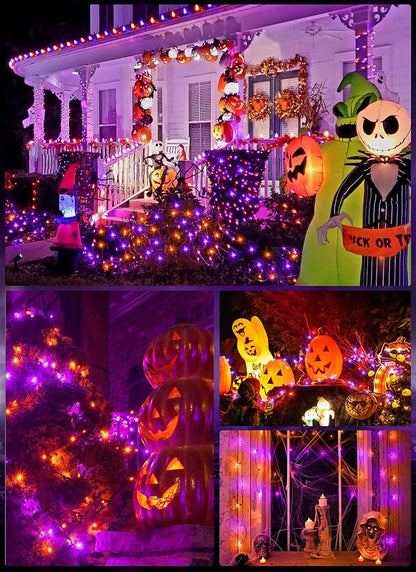 Minetom 2Pack Solar Halloween Lights Outdoor,Total 80FT 200LED String Light | Solar Halloween Decoration Outdoor with 8 Mode, Waterproof Solar String Lights for Outside Tree Yard, Orange & Purple