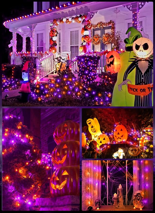 Minetom Solar Halloween Lights Outdoor, 40FT 100 LED Halloween String Light | Black Wire Halloween Decoration Outdoor with 8 Modes, Waterproof Solar String Lights for Outside Tree Yard, Orange & Purple