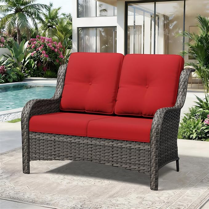 Wicker Patio Loveseat, 2 Seat Outdoor Couch with Thickened Olefin Cushions, High Back and Deep Seating, Hand-Woven PE Rattan for Porch, Deck, Balcony