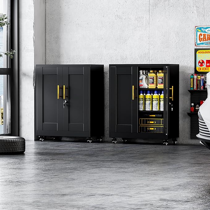 GAIOUS Metal Storage Cabinet with Lock and Wheels, Steel Tool Cabinet with 2 Door and 2 Adjustable Shelves, 35” Tall Lockable File Cabinet, Garage Cabinet, Rolling Cabinet for Home Office - Black