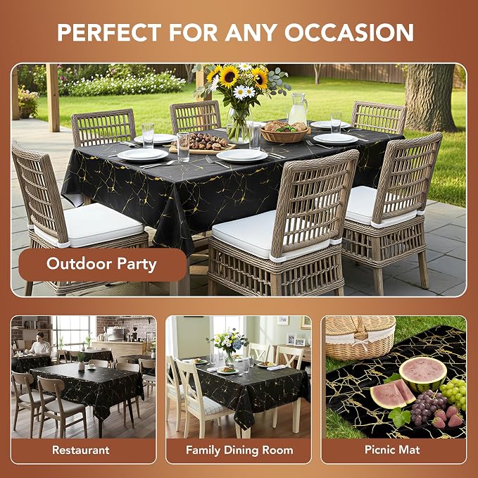 sancua 100% Waterproof Vinyl Tablecloth 54x78 Inch Rectangle, Black Marble | PVC Table Cloth for Picnic, Oil-Resistant Spill-Proof Wipeable Cover for Dining, Kitchen, Parties, Indoor and Outdoor