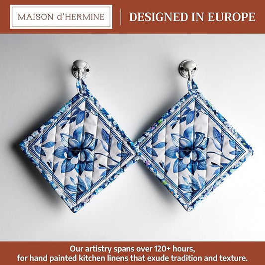 Maison d' Hermine Pot Holders 100% Cotton Heat Resistant Potholders 8" x 8" Hot Pads with Loop BBQ Cooking Baking Hotel Farmhouse Kitchen Handling Hot Pans Spring Summer (Pack of 2, Summer Blues)
