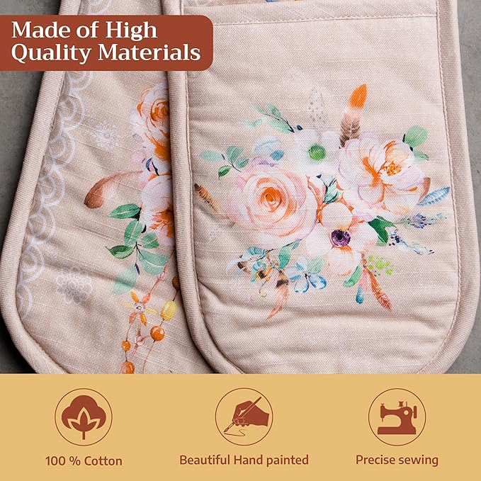 Maison d' Hermine Double Oven Mitts 100% Cotton 7"x35" Double Oven Mitt Heat Resistant BBQ Cooking Gloves with Loop Baking Grilling Kitchen Hotel Home Farmhouse Spring Summer (Ibiza - Beige)