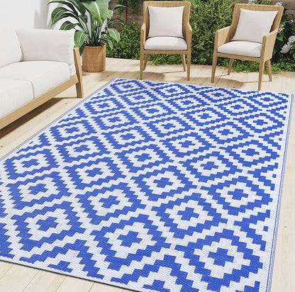 Smiry Outdoor Rug 5x8 ft Waterproof Reversible Boho Mat, White & Blue | Polypropylene Plastic Straw, Quick Drying, Lightweight Foldable, for Patio, Deck, RV Camping, Backyard and Indoor Outdoor Use