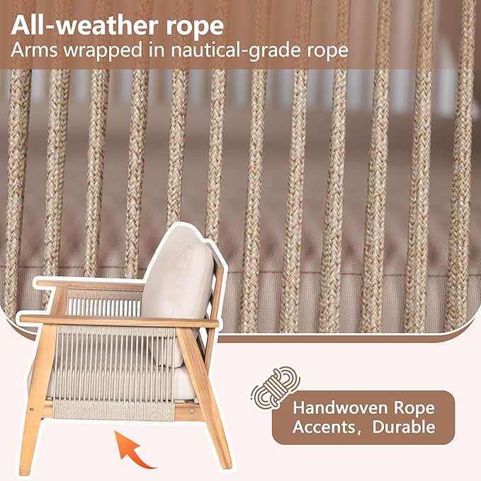 Christopher Knight Home Outdoor 3 Seater Patio Sofa with Acacia Wood Frame and Rope Weave Design, Cushioned Garden Couch with Removable Covers for Patio Deck Balcony, Teak and Beige
