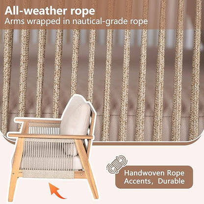 Merax Outdoor Acacia Wood & Rope 3-Seater Patio Sofa with Water-Repellent Cushions, Handmade Woven Garden Sofa for Poolside & Deck