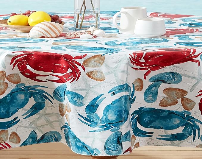 Newbridge Stone Crab Summer Vinyl Flannel Backed Tablecloth, 60 x 84 Inch Oval, Coastal Crab Print, Waterproof Indoor Outdoor Table Cover, Beach House Nautical Seafood Boil Patio Dining