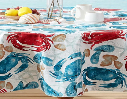 Newbridge Stone Crab Summer Vinyl Flannel Backed Tablecloth, 60 x 84 Inch Oval, Coastal Crab Print, Waterproof Indoor Outdoor Table Cover, Beach House Nautical Seafood Boil Patio Dining