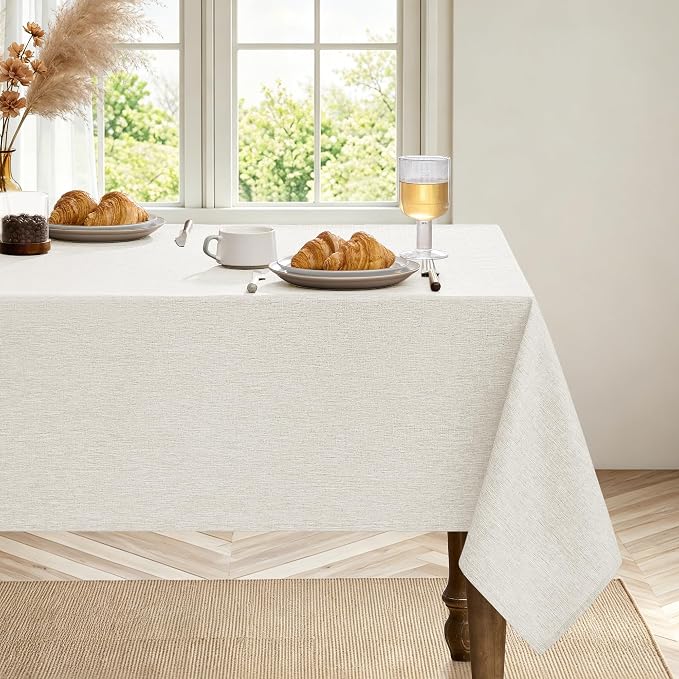 Decorelia Faux Linen Farmhouse Table Cloth 60"x144" for 10 ft Rectangle Table, Ivory Waterproof Outdoor Washable Cloth Tablecloth for Rectangular Dining Room Kitchen Outdoor Party Restaurant Table