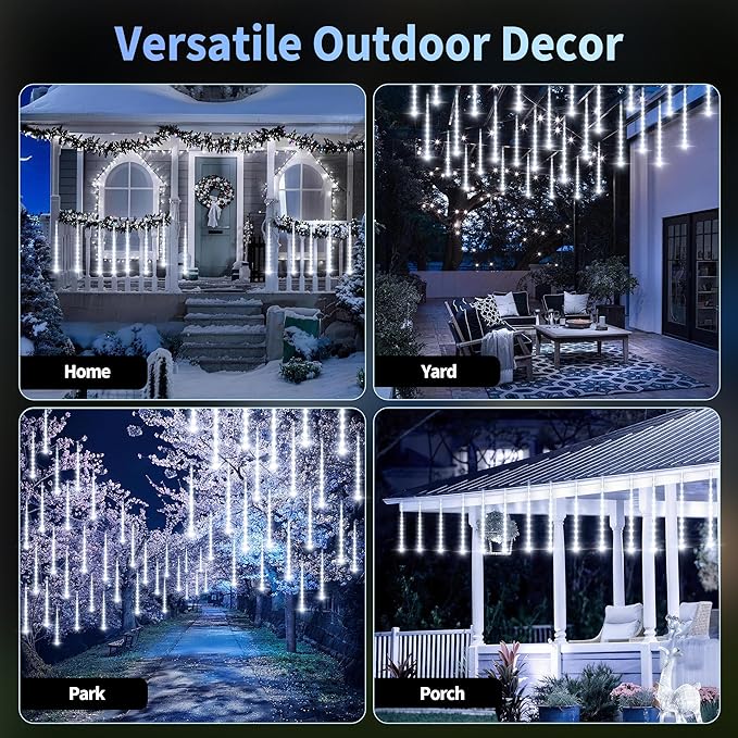 Solar Meteor Shower Lights, Solar Christmas Lights 16 Tubes 384 LEDs (Equivalent to 2 Sets of 8-Tube), Outdoor Waterproof Icicle String Light, LED Rain Drop Light for Tree Garden Decor (Cool White)