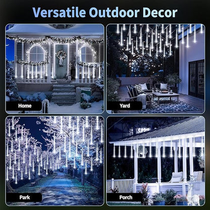 Solar Meteor Shower Lights, Solar Christmas Lights 16 Tubes 384 LEDs (Equivalent to 2 Sets of 8-Tube), Outdoor Waterproof Icicle String Light, LED Rain Drop Light for Tree Garden Decor (Cool White)