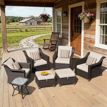 7 Piece Patio Furniture Set, Wicker Outdoor Conversation Set | Patio Chair Set with Olefin Removable Cushion, All-Weather Glider Swivel Chair Set with Deep Seat for Porch, Deck, Beige