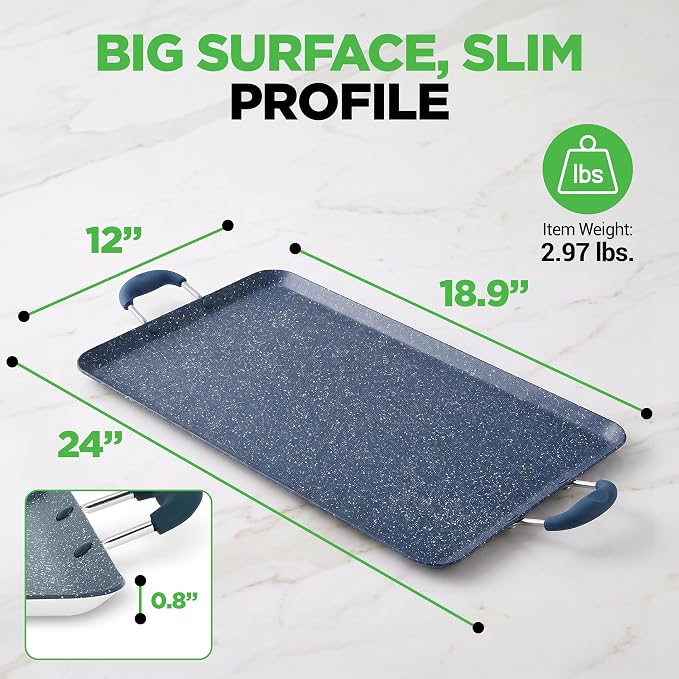 NutriChef Double Burner Griddle | Flat Top Griddle for Stove Top | Nonstick marble-coated griddle pan with extra-large easy to clean cooking surface, perfect for pancakes and tortillas