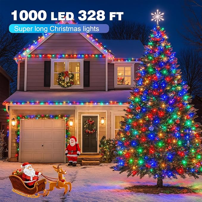 1000LED Outdoor Christmas Lights, 328FT String Lights Multicolor | IP44 waterproof,8 Modes,Remote control 3 Timers & Memory Function, Ideal Indoor & Outdoor Christmas Tree Holiday Decorations