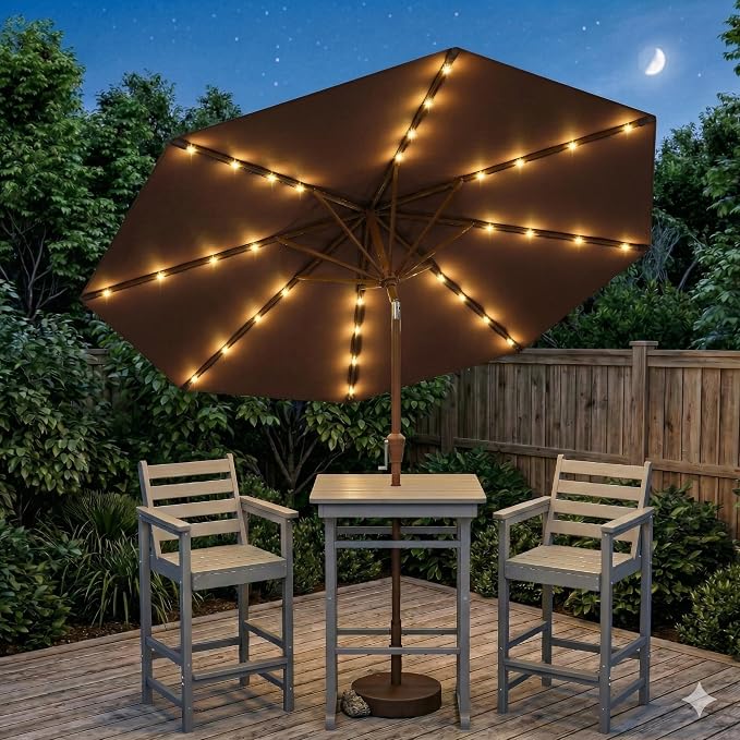 10FT Solar Lighted Patio Umbrella, Outdoor Table Market Umbrellas with Push Button Tilt and Crank, 32 LED Lights, 8 Sturdy Ribs, UV-Resistant for Deck, Garden, Pool