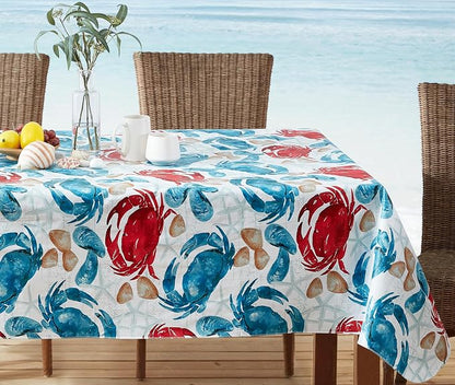 Newbridge Stone Crab Summer Vinyl Flannel Backed Tablecloth, 60 x 84 Inch Rectangle, Coastal Crab Print, Waterproof Indoor Outdoor Table Cover, Beach House Nautical Seafood Boil Patio Dining