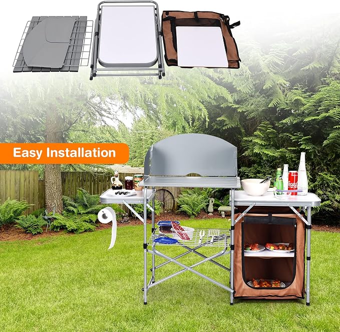 Giantex Folding Grill Table with 26'' Tabletop and Detachable Windscreen, Aluminum Portable Camp Cook Station Carry Bag Quick Set-up, BBQ Camping Picnic Backyard Outdoor Camping Kitchen Table (Brown)