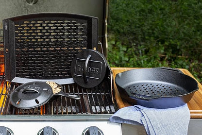 Lodge Pre-Seasoned Cast Iron Rectangle Grill Topper - Use on the Grill - Grilling Pan Designed to Protect Food from Falling Through the Grate - Cast Iron 15 Inch