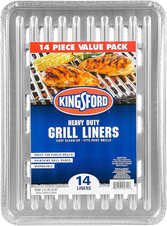 Kingsford Extra Tough Aluminum Grill Liners, Disposable Foil Grill Toppers for Outdoor Grills, Helps Keep Food and Sauce from Falling Through Grates, 16 x 11.75 in, 14 Count
