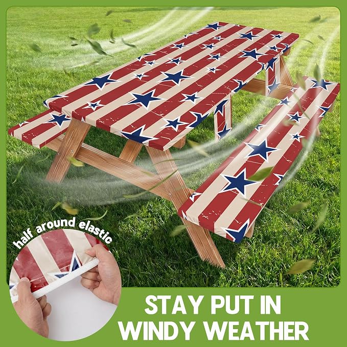 Picnic Table Cover with Bench Covers Waterproof Vinyl Elastic Rectangle Fitted Table Cloth Camping Lovers Essentials Rv Car Travel Overlanding Outdoor Roadtrip Road Trip Women Men Camper Gifts 6 Foot