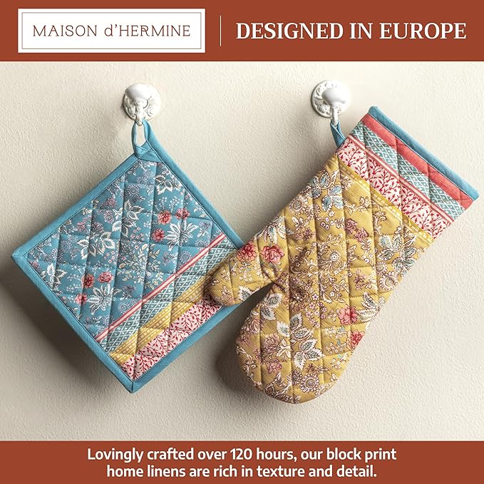 Maison d' Hermine 100% Cotton Oven Mitt & Pot Holder Set (7.5"x13" & 8"x8") Heat Resistant BBQ Cooking Gloves with Loop Baking Grilling Kitchen Hotel Home Farmhouse Spring Summer (Marquise)