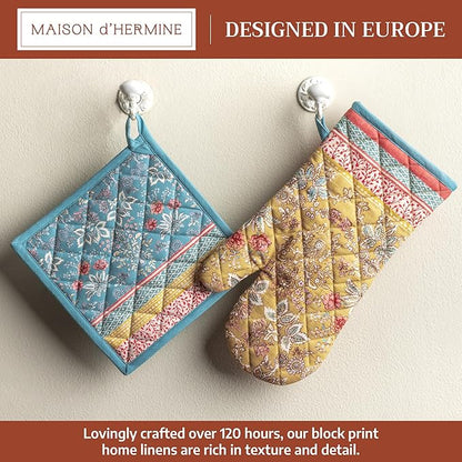 Maison d' Hermine 100% Cotton Oven Mitt & Pot Holder Set (7.5"x13" & 8"x8") Heat Resistant BBQ Cooking Gloves with Loop Baking Grilling Kitchen Hotel Home Farmhouse Spring Summer (Marquise)
