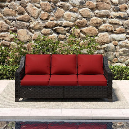 77'' Patio Sofa, All Weather Outdoor Rattan Wicker 3-Seat Sofa High Back Couch with Premium Cushions for Garden Backyard Porch(Brown/Red)