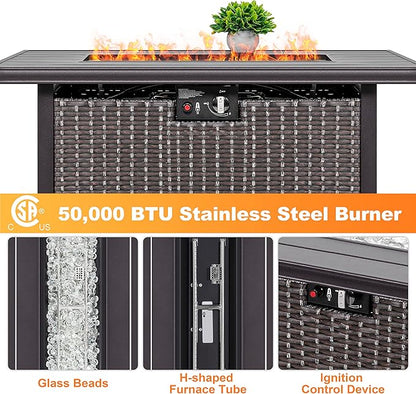 Nuu Garden Outdoor 43 Inch 50,000 BTU Propane Gas Fire Pit Table, Aluminum Tabletop and PE Rattan Weaved Steel Frame, Water-Proof Oxford Cover, Glass Beads, Lid, Dark Brown