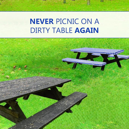 LINPRO 8ft Picnic Table Cover with Bench Covers Vinyl Fitted Picnic Table Covers with Elastic Camping Essentials and Picnic Tablecloth and RV Accessories