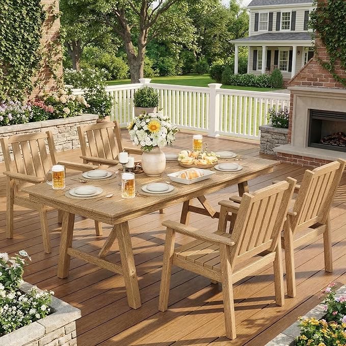 Garvee Outdoor Patio Dining Table Set for 4, 5 Piece Outdoor HDPE Dining Furniture Tables Set with Umbrella Hole, Aluminum Frame, All-Weather Garden Table and 6 Chairs for Backyard Poolside, Natural