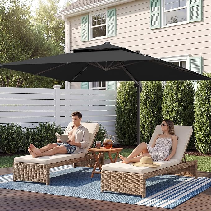 9x12 FT Patio Umbrella with base, Large Cantilever Rectangular Double Top Heavy Duty Offset Umbrellas with 360° Rotation, Outdoor shade for Garden Deck Pool, Black