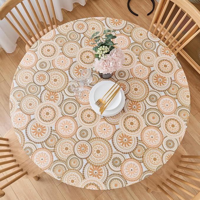 LIBERECOO Round Fitted Tablecloth with Elastic, Flannel Backed Vinyl Tablecloths for 40" - 44" Tables, Waterproof Wipeable Reusable Plastic Table Cloth for Indoor & Outdoor, Boho Sunburst Medallion